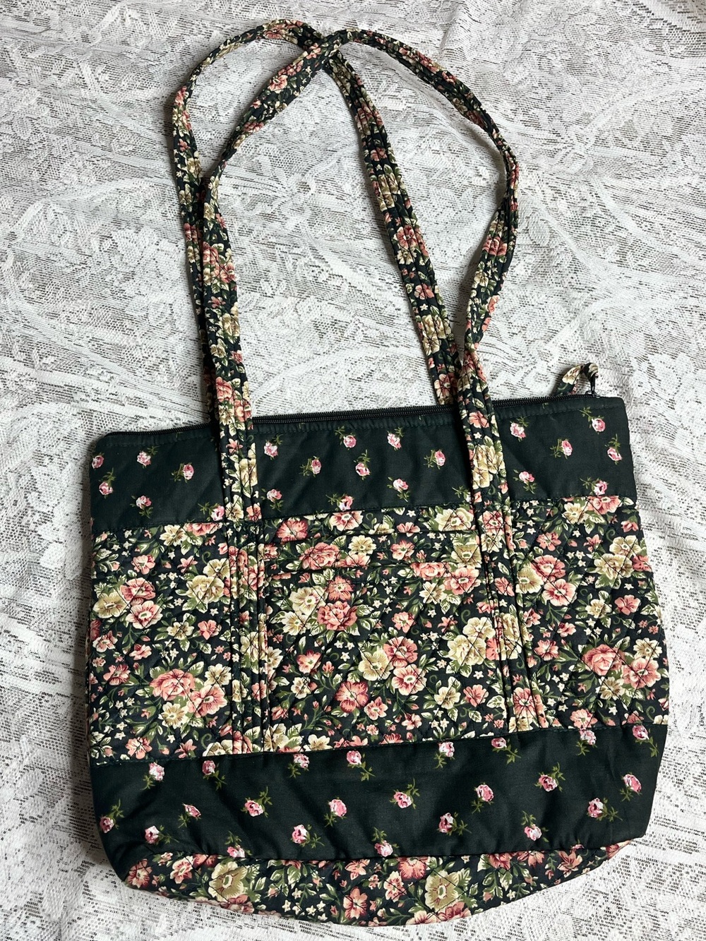 Floral Quilted 100% Cotton Tote Bag - Black with Pink & Cream Flowers